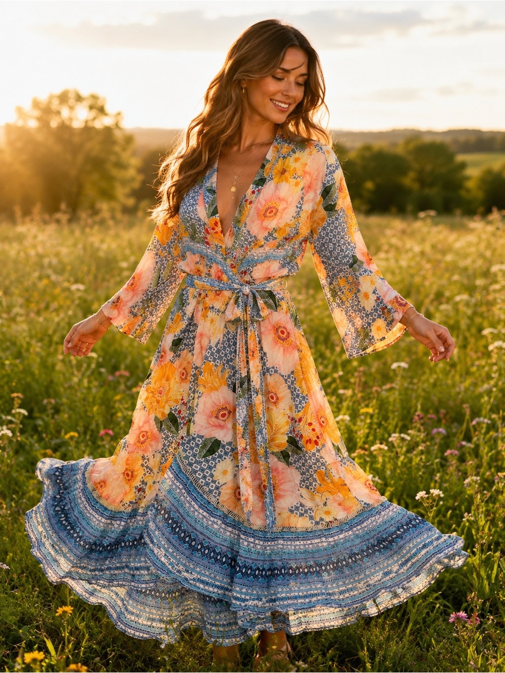 FARM Rio x Anthropologie Camila Floral Wrap Maxi Dress M